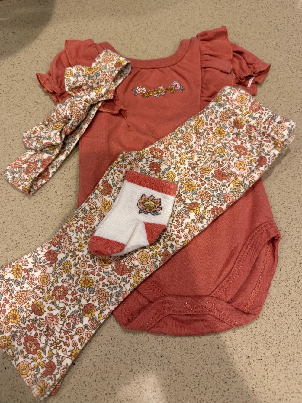 Rust Floral Baby Bodysuit Set with Headband and Socks
